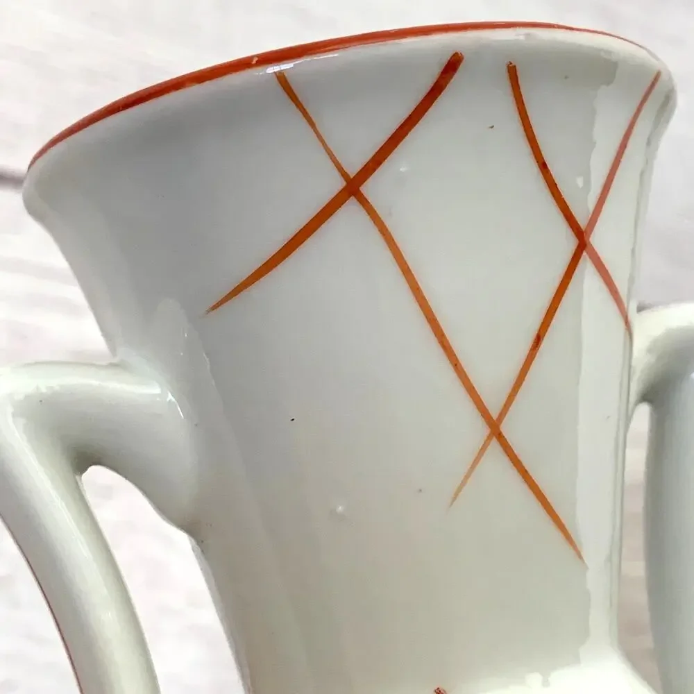Vintage Japanese Double Handle Ceramic Vase Floral Motif Art Deco 4 5/8